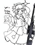  1girl greyscale gun heart komeiji_satori monochrome non-web_source rifle silly_girl simple_background smug sniper_rifle third_eye touhou weapon 
