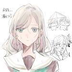  2girls blue_eyes brown_dress ceras_yanagida_lilienfeld chibi closed_mouth commentary dress expressionless grey_hair hair_ribbon hasu_no_sora_school_uniform highres holding holding_umbrella katsuragi_izumi link!_like!_love_live! long_hair love_live! multiple_girls pink_ribbon ribbon sailor_collar sailor_dress school_uniform shared_umbrella simple_background surprised symbol-only_commentary translation_request umbrella virtual_youtuber wet white_background white_sailor_collar winter_uniform zuisetsu 