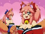  1990s_(style) 2girls animal_ear_fluff animal_ears animal_hands bare_shoulders bell blue_bow blue_kimono blue_ribbon blush bow breasts cat_paws cleavage collar fang fate/grand_order fate_(series) fox_ears fox_girl fox_tail gloves highres japanese_clothes jingle_bell keita_naruzawa kimono large_breasts long_hair multiple_girls neck_bell one_eye_closed open_mouth paw_gloves pink_hair ponytail red_kimono red_ribbon retro_artstyle ribbon split_ponytail tail tamamo_(fate) tamamo_cat_(fate) tamamo_cat_(first_ascension)_(fate) tamamo_no_mae_(fate/extra) yellow_eyes 