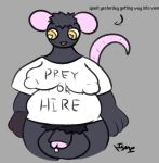 anthro balls big_balls big_balls_small_penis bodily_fluids bottomless bottomless_gynomorph bottomless_intersex clothed clothing cum disproportionate_genitalia embarrassed flat_colors genital_fluids genitals gynomorph head_tuft humor intersex iris_(ishitmypants) ishitmypants leaking_cum mammal murid murine nipple_outline penis prosthetic prosthetic_hand pubes rat rodent shirt shirt_only sketch small_penis solo text topwear topwear_only trans_(lore) trans_woman_(lore) tuft