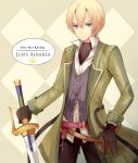  1boy black_gloves blonde_hair blue_eyes coat double-parted_bangs eiyuu_densetsu gloves grid_background hair_between_eyes holding holding_sword holding_weapon jusis_albarea long_sleeves open_clothes open_coat sen_no_kiseki_(series) sen_no_kiseki_ii shirt short_hair simple_background solo sword two-tone_background user_yhmk3257 weapon 
