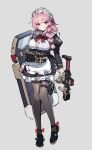  1girl :3 absurdres ammunition_pouch apron ballistic_shield blush braid breasts dress drum_magazine explosive flashbang frilled_dress frills full_body grenade gun h&amp;k_mp5 hachirodesu heart heart-shaped_pupils highres juliet_sleeves large_breasts long_hair long_sleeves magazine_(weapon) maid maid_apron maid_headdress original pantyhose pink_hair pouch puffy_sleeves red_ribbon ribbon shield side_braid sketch smile solo submachine_gun symbol-shaped_pupils tactical_clothes tactical_maid thigh_strap unconventional_maid weapon 