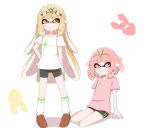  2girls alternate_species bangs bike_shorts blonde_hair chirun0 closed_mouth highres inkling long_hair multiple_girls mythra_(xenoblade) pyra_(xenoblade) red_eyes red_hair short_hair simple_background solo splatoon_(series) squid suction_cups swept_bangs tentacle_hair tentacles very_long_hair white_background xenoblade_chronicles_(series) xenoblade_chronicles_2 yellow_eyes 