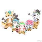  5boys akacal_(calcal-dan) animal_ears araiguma_calcal-dan artist_request baby_animal bird black_hat blush bottle can chick closed_mouth comical_(calcal-dan) commentary_request copyright_notice drink_can dumbbell earrings fangs fangs_out fox_boy fox_ears fox_tail furry furry_male glasses grin hat holding holding_bottle holding_can holding_dumbbell holding_ladle horns japanese_clothes jewelry kimono ladle logical_(calcal-dan) looking_at_viewer male_focus middle_(calcal-dan) multiple_boys official_art oni_costume open_mouth profile raccoon_boy raccoon_ears raccoon_tail setsubun single_horn smile subcal_(calcal-dan) tail topless_male torn_clothes translation_request whiskers white_background 