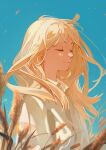  1girl blonde_hair blue_sky closed_eyes closed_mouth highres long_hair qiu_tong shirt sky smile solo tamen_de_gushi tanjiu wheat wheat_field white_shirt 