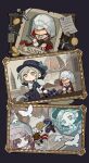  1boy 1girl absurdres ascot assassin&#039;s_creed_(series) assassin&#039;s_creed_ii bird black_background black_coat black_hat blue_bow boater_hat bow brown_cape brown_gloves bulletin_board cape chain chibi coat coin crossed_arms crossover ezio_auditore_da_firenze falling falling_feathers feathers florence_(city) florence_cathedral gloves gold_coin grey_eyes grey_hair hair_bun hat hat_bow hat_over_one_eye hay hidden_blade_(assassin&#039;s_creed) highres holding holding_suitcase hood hood_up house knife leap_of_faith official_art paper picture_frame reverse:1999 shirt single_glove single_side_bun suitcase vertin_(reverse:1999) wanted_poster white_ascot white_bird white_shirt yellow_eyes 