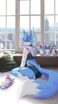 2024 4_toes absurd_res ambiguous_anthro ambiguous_gender anthro black_nose blep blue_body blue_ears blue_fur blue_hair blue_inner_ear_fluff book canid canine clothed clothed_ambiguous clothing cropped_hoodie day detailed_background dipstick_tail feet femboy fox fully_clothed fully_clothed_ambiguous fur hair hi_res hindpaw inner_ear_fluff inside looking_at_viewer looking_back looking_back_at_viewer male mammal markings midriff orange_eyes pawpads paws plushie purple_pawpads purple_tongue solo tail tail_markings toes tongue tongue_out tuft voidclawart white_body white_fur window