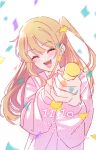  1girl blush closed_eyes commentary_request confetti dated happy_birthday holding holding_party_popper hoshino_ruby long_sleeves open_mouth oshi_no_ko party_popper pink_sweater sidelocks simple_background solo sweater teeth upper_teeth_only white_background yamabukiyuki 
