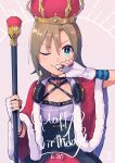  1girl arched_crown breasts brown_hair cleavage crown fingerless_gloves gloves green_eyes happy_birthday headphones headphones_around_neck highres holding holding_staff idolmaster idolmaster_cinderella_girls looking_at_viewer one_eye_closed pink_background red_nails short_hair simple_background solo staff tada_riina toyosaka upper_body white_gloves 
