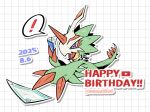  ! bird dated digimon digimon_card_game digimon_liberator dragon gift_art happy_birthday highres horns nagoshi pteromon purple_eyes sharp_teeth single_horn solo speech_bubble teeth twitter_username upper_body 