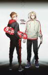  2boys ahoge america_(hetalia) axis_powers_hetalia back ball bandaid bandaid_on_finger bandaid_on_hand baseball_(object) baseball_bat black-framed_eyewear black_hoodie black_pants black_shoes blonde_hair blowing_bubble_gum blue_eyes blue_shoes brown_hat canada_(hetalia) character_name chewing_gum closed_mouth commentary_request from_behind full_body glasses hands_in_pockets hat holding holding_ball holding_baseball_bat hood hoodie long_sleeves looking_at_viewer looking_back male_focus multiple_boys pants puffy_long_sleeves puffy_sleeves purple_eyes semi-rimless_eyewear shoes short_hair simple_background skateboard smile sneakers standing to@st white_background white_hoodie 