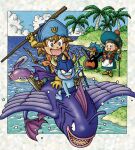  1boy 1girl :d adversarial_noise aqua_dress aqua_hat bird blue_hat blue_skin blue_sky border braid brown_hair cane child colored_skin commentary_request creature_request dragon_quest dragon_quest_monsters_2 dress fish gloves grass hair_pulled_back hat highres holding holding_cane holding_stick iru_(dq) key low_twin_braids luca_(dragon_quest) murakami_yumiko open_mouth orange_hair palm_tree penguin pointy_ears purple_eyes riding sharp_teeth sky smile spiked_hair stick teeth toriyama_akira_(style) tree twin_braids water waving white_border yellow_gloves 