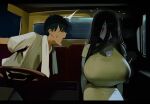 1boy 1girl absurdres black_hair booruguru breasts camisole cleavage colored_skin derivative_work dress flying_sweatdrops ghost grey_skin hair_over_one_eye highres kuntilanak large_breasts light_blush long_dress long_hair malaysian_clothes motion_lines notice_lines open_mouth original screenshot_redraw short_hair surprised sweat sweaty_clothes taxi vehicle_interior white_camisole 