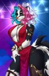 accessory anthro bangs belt_buckle black_body black_fur blue_hair bottomwear bracelet breasts buckle cheek_tuft clothed clothed_anthro clothed_female clothing detailed digital_drawing_(artwork) digital_media_(artwork) digital_painting_(artwork) dress ears_up facial_tuft fantasy female fluffy fluffy_tail fur gold_(metal) gold_jewelry gown green_eyes hair hi_res inner_ear_fluff jewelry legwear lgbt_pride long_hair looking_at_viewer mammal medium_hair medium_length_hair mephitid mephitidae multicolored_body multicolored_fur multicolored_hair nails necklace neon painting_(artwork) partially_colored patterns pink_hair pose pride_colors red_clothing red_dress sharp_nails shimisen simple_background skunk skunk_tail smile smiling_at_viewer solo solo_focus sparkles sparkling_background stockings straps tail thigh_highs topwear trans_(lore) trans_woman_(lore) transgender_pride_colors tuft white_body white_fur white_hair wide_hips