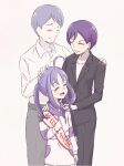  1boy 2girls absurdres ahoge birthday black_suit business_suit closed_eyes earrings family ghost happy_birthday highres jewelry kimi_to_idol_precure lipstick long_sidelocks makeup miyao385 multiple_girls precure purple_hair sash shigure_ai shigure_kokoro shigure_shinji shirt sidelocks standing stud_earrings suit twintails white_shirt 