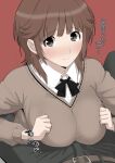  1boy 1girl absurdres amagami black_bow black_bowtie black_pants blush bow bowtie breasts breasts_squeezed_together brown_eyes brown_hair brown_sweater closed_mouth collared_shirt commentary_request gyuunyuu_pack_(tanaka) hetero highres implied_paizuri kibito_high_school_uniform large_breasts long_sleeves looking_at_viewer medium_hair pants pov pov_crotch red_background sakurai_rihoko school_uniform shirt simple_background solo_focus sweater translation_request white_shirt 