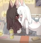 2025 anthro bathing_together bathtub blush breasts candlelight chin_grab colored convenient_censorship dark_body digital_drawing_(artwork) digital_media_(artwork) doremifaso64 duo featureless_breasts female female/female hair hand_on_chin hi_res inside kissing lagomorph light looking_at_another mammal romantic romantic_ambiance scut_tail shaded short_tail soap tail uwu white_body white_hair window