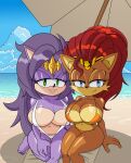 absurd_res alicia_acorn anthro archie_comics beach big_breasts bikini black_nose blue_eyes breasts brown_body brown_fur cheek_tuft chipmunk clothing crown duo eulipotyphlan eyelashes facial_tuft female front_view fur green_eyes ground_squirrel hair headgear hedgehog hi_res huge_breasts kneeling long_hair looking_at_viewer mammal mobian_monster navel one-piece_swimsuit orange_bikini orange_clothing orange_swimwear purple_body purple_fur purple_hair queen_aleena_hedgehog red_hair rodent sciurid sea sega sitting sling_bikini smile sonic_the_hedgehog_(archie) sonic_the_hedgehog_(comics) sonic_the_hedgehog_(series) sonic_underground swimwear tan_body tan_fur thick_thighs thigh_gap tiara tuft two-piece_swimsuit water white_bikini white_clothing white_swimwear wide_hips