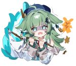  1girl ahoge animal_ears commentary_request crying crying_with_eyes_open detached_sleeves ears_down flag fox_ears fox_girl green_eyes green_hair hands_up hat holding holding_flag honkai:_star_rail honkai_(series) huohuo_(honkai:_star_rail) long_hair long_sleeves looking_at_viewer meda_cha nervous open_mouth paper_doll paw-shaped_pupils shaded_face solo symbol-shaped_pupils tears trembling upper_body white_background white_flag 