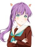  1girl absurdres aqua_neckerchief blush brown_dress commentary cone_horns crossed_arms detached_horns dress frown green_eyes hair_intakes hasu_no_sora_school_uniform highres horns kujo_awenn link!_like!_love_live! long_hair looking_at_viewer love_live! neckerchief official_alternate_hairstyle otomune_kozue ponytail purple_hair sailor_collar sailor_dress school_uniform sidelocks solo upper_body virtual_youtuber white_sailor_collar winter_uniform 