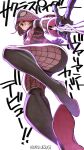  1girl airborne artist_name bodysuit breasts brown_eyes brown_hair hida_hikaru highres marvel medium_breasts pink_bodysuit sakura_spider smile solo spider-man_(series) spider_web_print superhero uesugi_hikaru v-shaped_eyebrows white_background 