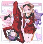 1boy 1girl animalization arms_behind_head belt black_belt black_bow black_hairband black_sailor_collar black_shoes bow bowtie brother_and_sister cat closed_mouth commentary corrupted_twitter_file cursor double_bun gakuran grin hair_bow hair_bun hairband highres jacket long_hair long_sleeves miniskirt multicolored_hair pants pink_eyes pink_hair pleated_skirt purple_eyes purple_hair red_bow red_jacket red_pants red_serafuku red_shirt red_skirt sailor_collar school_uniform serafuku shirt shoes short_hair si_ming siblings skirt smile symbol-only_commentary the_hundred_line_-last_defense_academy- tsukumo_ima tsukumo_kako twins two-tone_hair v white_bow white_bowtie white_hair window_(computing) 