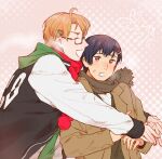  2boys ahoge america_(hetalia) axis_powers_hetalia black-framed_eyewear black_hair black_jacket black_vest blonde_hair brown_coat brown_eyes brown_scarf closed_eyes coat commentary_request dated fingernails glasses hair_ornament hairclip happy hug hug_from_behind jacket japan_(hetalia) lapels letterman_jacket long_sleeves male_focus multicolored_jacket multiple_boys number_print open_clothes open_coat open_mouth pink_background plaid_background pom_pom_(clothes) puffy_long_sleeves puffy_sleeves red_scarf scarf semi-rimless_eyewear shirt short_hair signature smile sweatdrop to@st two-tone_jacket upper_body v-shaped_eyebrows vest white_jacket white_shirt 