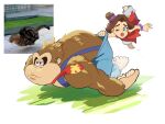  1boy 1girl barefoot blue_eyes blue_overalls brown_fur brown_hair cat donkey_kong donkey_kong_(series) donkey_kong_bananza freckles gorilla hilantix necktie overalls pauline_(mario) pauline_(young)_(mario) photo-referenced red_necktie reference_inset twitter_username 
