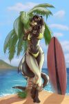 2:3 anthro beach bikini biped board breasts clothing cloud colored ear_piercing ear_ring female female_anthro fin fish fish_tail gauged_ear ghost738589 grass green_eyes hand_on_head hi_res marine navel non-mammal_breasts palm_tree paws piercing plant plug_(jewelry) ring_piercing sand seaside shark sky solo surfboard swimwear tail tail_fin tree two-piece_swimsuit water yellow_bikini yellow_clothing yellow_swimwear