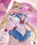  1girl abs artist_name arttoru back_bow bishoujo_senshi_sailor_moon blonde_hair blue_eyes blue_sailor_collar blue_skirt bow breasts choker circlet cleavage cloud covered_abs covered_navel cowboy_shot crescent crescent_earrings crescent_moon double_bun earrings elbow_gloves gloves hair_bun hair_ornament heart highres jewelry large_breasts lips long_hair miniskirt moon parted_lips patreon_logo patreon_username pleated_skirt red_bow red_choker sailor_collar sailor_moon sailor_senshi_uniform skin_tight skirt solo standing thick_thighs thighs tsukino_usagi twintails very_long_hair watermark web_address white_gloves 