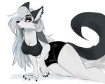  anthro breasts canid canid_demon clothed clothing demon female fumonpaw fur grey_body grey_fur hair hellhound helluva_boss hi_res long_hair loona_(helluva_boss) mammal simple_background solo white_body white_fur 
