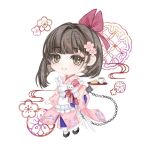  1girl apron black_shoes blunt_bangs bob_cut bow brown_eyes brown_hair cake cake_slice cherry_blossoms chibi cuffs cup floral_print floral_print_kimono flower food full_body grin hair_bow hair_flower hair_ornament highres holding holding_tray japanese_clothes kimono looking_at_viewer maid pink_flower pink_kimono print_kimono rabbit_ornament red_bow reverse:1999 satsuki_(reverse:1999) shoes short_hair smile solo tray wa_maid white_apron white_background wrist_chain youbao_pipa_banzhemian 