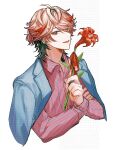  1boy :d ahoge artist_name black_hair blue_jacket collared_shirt commentary_request ear_piercing earrings flower hair_between_eyes half_updo hand_up highres holding holding_flower ikoma_koma jacket jacket_on_shoulders jewelry lily_(flower) long_sleeves looking_at_viewer male_focus multicolored_hair nijisanji open_mouth piercing pink_hair pink_shirt red_eyes red_flower red_hair red_ribbon ribbon seraph_dazzlegarden shirt short_hair smile solo streaked_hair striped_clothes striped_shirt stud_earrings teeth twitter_username upper_body virtual_youtuber watermark white_background wing_collar 