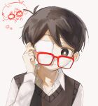  1boy adjusting_eyewear alternate_sleeve_length antenna_hair black_sweater_vest bright_pupils chibi closed_mouth collared_shirt eyepatch glasses long_sleeves male_focus omori red-framed_eyewear rou_(h_s_sinrin) shirt simple_background smile solo spoilers sunny_(omori) sweater_vest upper_body white_background white_pupils white_shirt 
