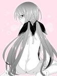  1girl ass back back_focus backless_outfit bare_back bare_shoulders butt_crack chaos;child dimples_of_venus from_behind hair_ribbon ikuhashi_muiko long_hair looking_at_viewer looking_back minamisawa_senri monochrome nervous_sweating pink_background ribbon science_adventure sitting socks solo sweat twintails very_long_hair wariza white_socks 
