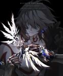  3boys alternate_form antenna_hair arm_up armor black_background black_pants blonde_hair blue_cape cape closed_mouth coat covered_eyes deeznut19205268 dual_persona earrings english_text grey_hair hair_over_eyes halo halo_behind_head hand_up highres honkai:_star_rail honkai_(series) jewelry lying multiple_boys mydei_(honkai:_star_rail) pants pauldrons phainon_(honkai:_star_rail) red_tattoo shoulder_armor simple_background single_pauldron smile spiked_halo upper_body white_coat wings 