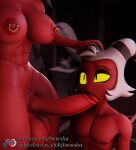 3d_(artwork) absurd_res areola balls breasts demon digital_media_(artwork) duo eyebrows feversfm genitals gynomorph gynomorph/male hair hellaverse helluva_boss hi_res humanoid imp intersex intersex/male male moxxie_(helluva_boss) navel nipple_piercing nipple_ring nipples nude penis piercing red_body red_skin ring_piercing sallie_may_(helluva_boss) text url white_hair yellow_sclera