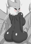  absurd_res anthro big_breasts biped black_body black_eyes blush breasts butt female glistening glistening_body hi_res hollow_knight looking_at_viewer looking_back neck_tuft nude rear_view rock sitting solo team_cherry tuft vessel_(species) video_games woebeeme 