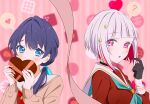  2girls ? absurdres aqua_neckerchief black_choker black_gloves blue_eyes blue_hair blue_ribbon bob_cut box breasts brown_dress choker commentary covering_own_mouth dollchestra dress embarrassed food-themed_background gloves grey_hair hair_ornament hair_ribbon half_gloves hasu_no_sora_school_uniform heart heart-shaped_box highres holding holding_box inverted_bob kujo_awenn link!_like!_love_live! long_sleeves looking_at_another love_live! low_twintails mole mole_on_neck multicolored_hair multiple_girls murano_sayaka neckerchief parted_lips pink_background pink_eyes pointing pointing_at_self raised_inner_eyebrows red_hair red_neckerchief ribbon sailor_collar sailor_dress school_uniform short_hair speech_bubble spoken_question_mark star_(symbol) star_hair_ornament streaked_hair twintails virtual_youtuber white_sailor_collar winter_uniform yugiri_tsuzuri yuri 