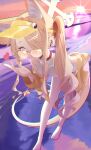  1girl absurdres animal_ear_fluff animal_ears bare_legs bare_shoulders barefoot bent_over blowing_kiss blue_archive covered_navel ekidona extra_ears fox_ears fox_girl fox_tail hair_over_one_eye halo heart highleg highleg_one-piece_swimsuit highres jacket long_hair looking_at_viewer official_alternate_costume official_alternate_hairstyle one-piece_swimsuit pink-tinted_eyewear pink_eyes seia_(blue_archive) seia_(swimsuit)_(blue_archive) side_ponytail solo sunglasses swimsuit tail tinted_eyewear visor_cap white_one-piece_swimsuit yellow_halo yellow_jacket 