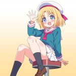 1girl :d aqua_shirt arm_up beret black_socks blonde_hair blue_eyes blush brown_shoes convenient_leg foot_out_of_frame game_center_shoujo_to_ibunka_kouryuu gradient_background hat highres lily_baker loafers long_sleeves open_mouth parted_bangs sailor_collar sakuzo school_uniform shirt shoes short_hair simple_background sitting smile socks solo two-tone_background waving white_background white_hat white_sailor_collar yellow_background 