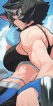  1girl abs animal_ears black_hair blue_eyes blue_sky character_request choker cloud commentary_request copyright_request english_text hata4564 highres looking_at_viewer looking_back muscular muscular_female outdoors short_hair signature sky solo sports_bra sportswear stomach sweat towel wrist_cuffs 