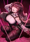  1girl black_jacket breasts eyewear_on_head gloves high-waist_shorts highres honkai:_star_rail honkai_(series) jacket jacket_on_shoulders kafka_(honkai:_star_rail) konoike_(pepe_expect) large_breasts long_hair long_sleeves looking_at_viewer open_mouth pantyhose pantyhose_under_shorts purple_eyes purple_gloves purple_hair purple_pantyhose round_eyewear shorts smile solo 