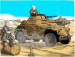  armored_car blue_sky desert drum_(container) dust_cloud gun highres jerry_can leichter_panzerspahwagen machine_gun military_uniform military_vehicle motor_vehicle no_humans original panzer_iii sand scenery sky tank tow_hook weapon weapon_request wheel yabarn 