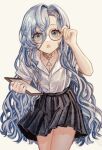  1girl 37_(reverse:1999) :o adjusting_eyewear alternate_costume astra_(aaastraaaa) black_skirt blue_eyes blue_hair clipboard collared_shirt cowboy_shot glasses gold_choker hair_between_eyes hand_on_eyewear hands_up highres holding holding_clipboard leaning_forward long_hair looking_at_viewer miniskirt pleated_skirt reverse:1999 round_eyewear shirt shirt_tucked_in short_sleeves skirt solo very_long_hair white_background white_shirt 