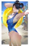  1boy 1girl absurdres armpits arms_up ass beach belly_chain black_hair blue_flower blue_nails blue_one-piece_swimsuit blue_sky border breasts chun-li cleavage cleavage_cutout clothing_cutout cloud cloudy_sky commentary_request cowboy_shot double_bun earrings flower from_side guile hair_bun hair_flower hair_ornament highres holding holding_swim_ring horizon jewelry lfpwrk0vlocrzl4 looking_at_viewer medium_breasts nail_polish ocean official_alternate_costume one-piece_swimsuit outdoors outside_border palm_tree parted_lips sand sky street_fighter street_fighter_6 sweat swim_ring swimsuit thighs tree white_border 