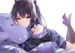  1girl artist_name bangs biittertaste black_hair black_jacket black_socks blue_eyes commentary deidey highres hood hooded_jacket indie_virtual_youtuber jacket kneehighs long_hair looking_at_viewer lying on_bed on_stomach pleated_skirt purple_skirt skirt smile socks solo virtual_youtuber 