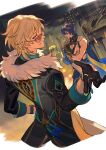  2boys aventurine_(honkai:_star_rail) black_gloves black_jacket black_shirt blonde_hair blue_cape blue_eyes bracelet building cape cleavage_cutout clothing_cutout commentary cowboy_shot cropped_legs crossed_arms dr._ratio_(honkai:_star_rail) english_commentary fur-trimmed_jacket fur_trim gloves grin half_gloves hand_on_own_hip highres honkai:_star_rail honkai_(series) jacket jewelry laurel_crown looking_at_viewer looking_back male_focus multiple_boys orange-tinted_eyewear outdoors pectoral_cleavage pectorals pink_eyes purple_hair shirt smile sunglasses tinted_eyewear towa_(10_wa) yellow_cape 