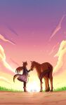  1girl absurdres animal_ears armband black_pantyhose blue_jacket boots bow brown_hair closed_eyes closed_mouth cloud dress ear_bow ear_ornament ear_ribbon el_condor_pasa_(racehorse) el_condor_pasa_(umamusume) emeruga field golden_generation_(umamusume) grass grass_wonder_(racehorse) grass_wonder_(umamusume) highres horse horse_ears horse_girl horse_tail jacket king_halo_(racehorse) long_hair negative_space open_clothes open_jacket outdoors pantyhose red_armband seiun_sky_(racehorse) sky smile special_week_(racehorse) special_week_(umamusume) sunset tail textless_version umamusume white_dress 