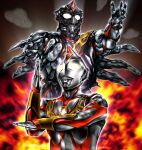  1boy alien arm_guards armor back_spikes blurry blurry_background breastplate color_timer colored_skin commentary compound_eyes corruption crystal doppelganger dorsal_fin dual_persona fiery_background fire forehead_jewel glowing glowing_eyes gold_trim gradient_eyes grey_skin hands_up hanejidyna86 highres looking_up male_focus multicolored_eyes multicolored_skin multiple_views muscular muscular_male mutation pectorals red_skin silver_skin sphere_soldier_(ultra_series) spikes terranoid tokusatsu twitter_username ultra_beam ultra_series ultraman_dyna_(series) upper_body white_eyes yellow_eyes zelganoid 